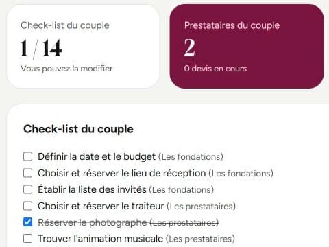 L'onglet Côté couple : check-list du couple, prestataires et réponses des invités